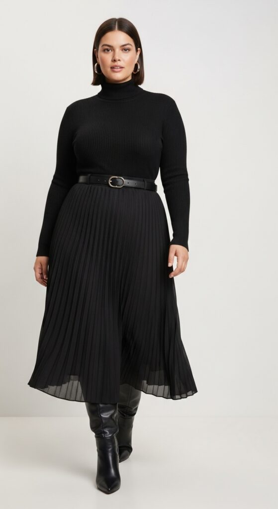 Turtleneck and Pleated Midi Skirt