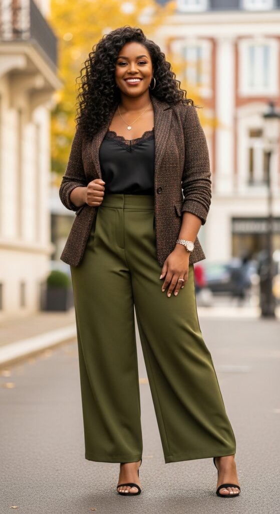 14 Plus Size Fall Outfits Celebrating Black Women’s Style Magic 12 Tweed Blazer & High-Waisted Trousers