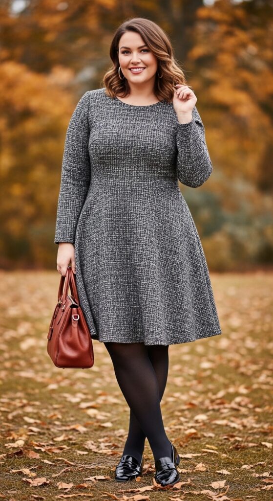 14 Plus Size Fall Outfits That Celebrate Your Curves in Every Autumn Adventure 10 Tweed Fit & Flare Dress + Tights