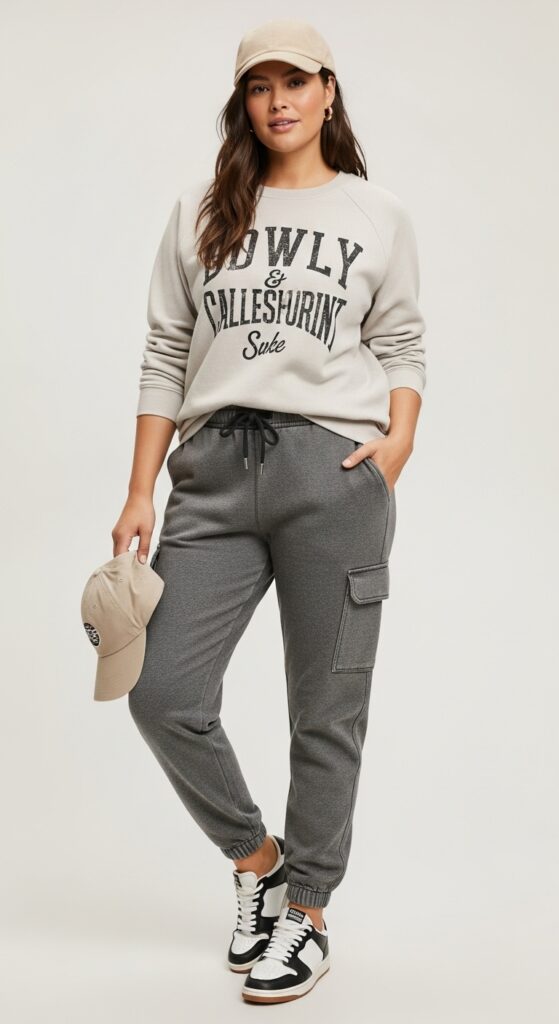 15 Plus Size Fall Mom Outfits Curvy Mothers Will Love 5 Utility Joggers & a Cozy Sweatshirt