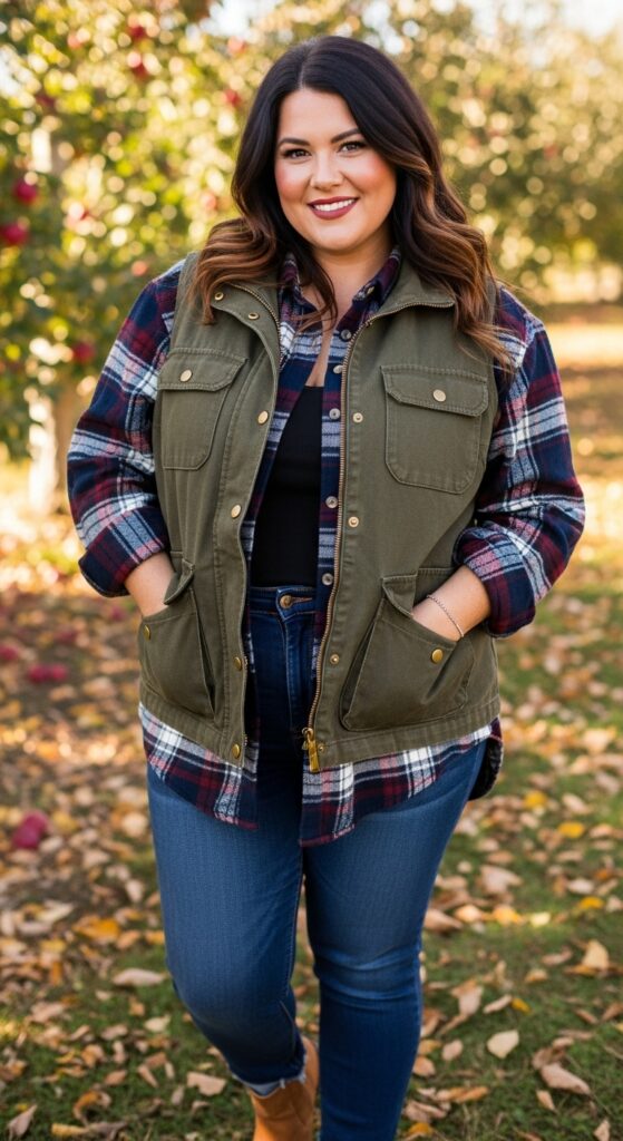 14 Plus Size Fall Vest Outfits Curvy Women Will Love 13 Utility Vest & Flannel Shirt