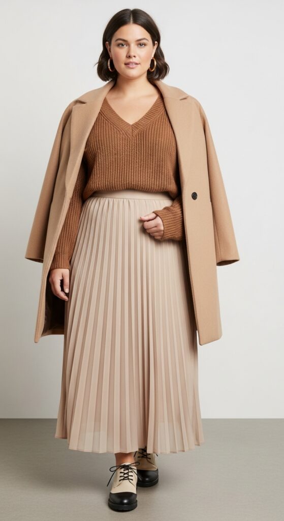 V-Neck Sweater and Long Pleated Skirt