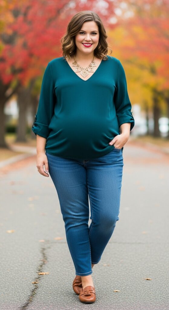 10 Stunning Plus Size Fall Outfits for Curvy Women with Big Stomach 5 V-Neck Top and Mid-Rise Jeans