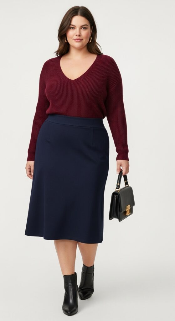 15 Chic Plus Size Fall Fashion Outfits Every Curvy Woman Will Love 15 V-neck Sweater and High-Waisted Skirt