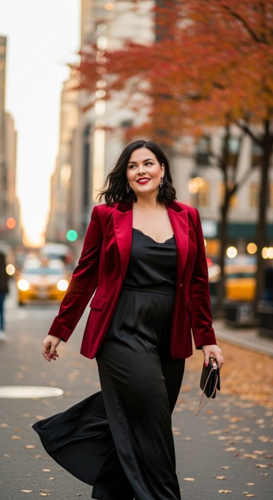 15 Plus Size New York Fall Outfits Curvy Women Will Love 17 Velvet Blazer & Silk Trousers