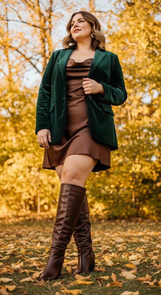 12 Plus Size Fall Photo Outfits That Make Your Curves Shine 8 Velvet Blazer & Slip Dress