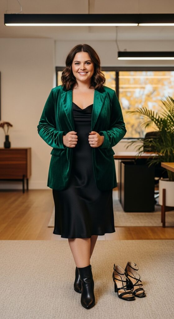 12 Plus Size Fall Office Outfits That Blend Confidence & Professionalism 8 Velvet Blazer + Slip Dress