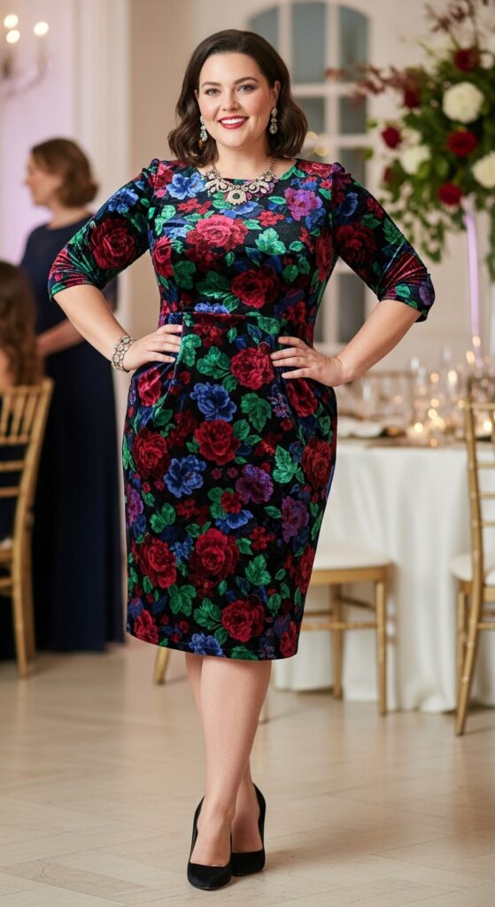 10 Gorgeous Plus Size Floral Wedding Guest Dresses for Curvy Women 10 Velvet Floral Cocktail Dress