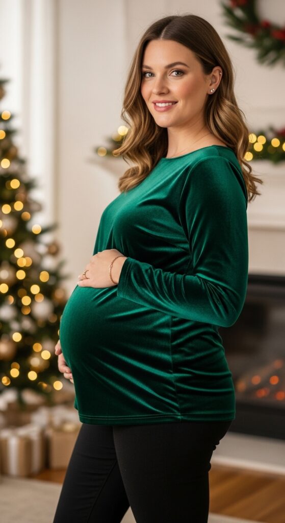 15 Plus Size Fall Maternity Outfits Curvy Women Will Love 14 Velvet Maternity Top & Black Pants