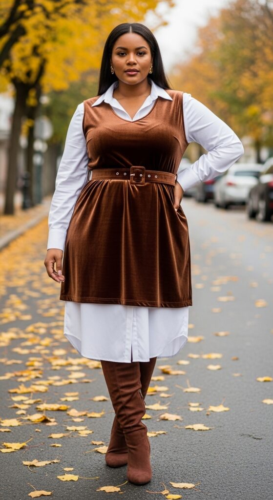 14 Plus Size Baddie Fall Outfits That Scream Confidence (Own Your Curves, Queen!) 4 Velvet Midi Dress + Button-Down
