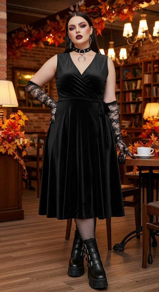 15 Plus Size Fall Aesthetic Outfits That Celebrate Your Curves & Creativity 9 Velvet Midi Dress & Lace Gloves