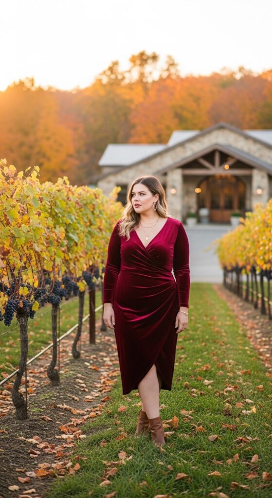 15 Plus Size Fall Winery Outfits for an Unforgettable Autumn Day 2 Velvet Midi Dress Magic