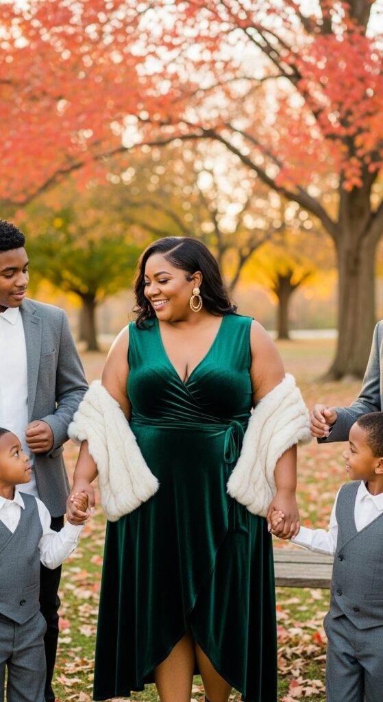 15 Plus Size Fall Family Photo Outfits That Celebrate Every Curve & Create Timeless Memories 6 Velvet Wrap Dress + Faux Fur Stole