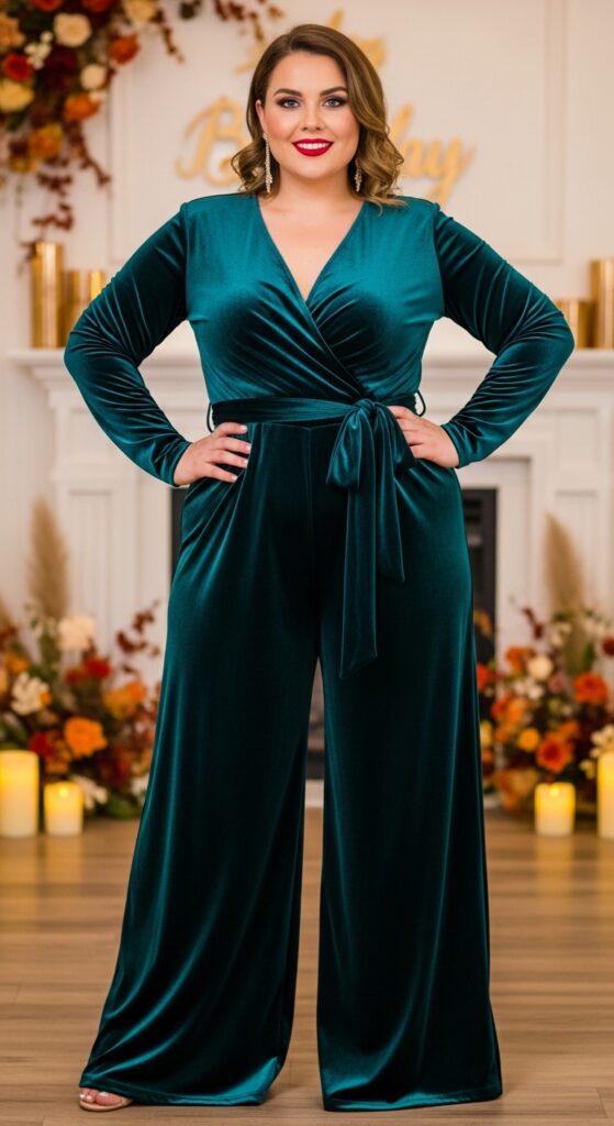 14 Plus Size Fall Birthday Outfits to Make You Feel Absolutely Radiant 4 Velvet Wrap Jumpsuit