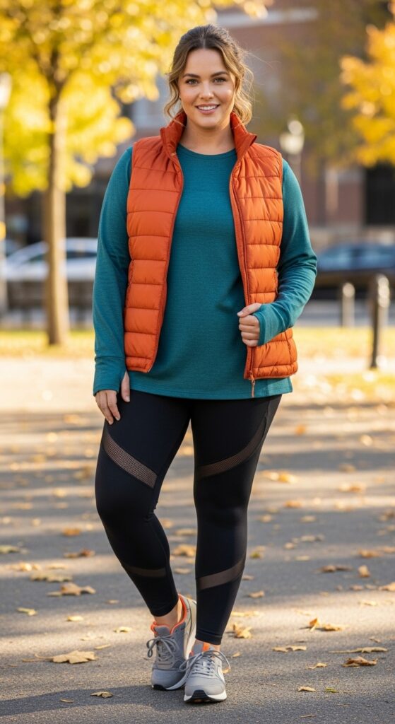 14 Plus Size Fall Athleisure Outfits Curvy Women Will Love 15 Vest Layer Over Long Sleeve Top