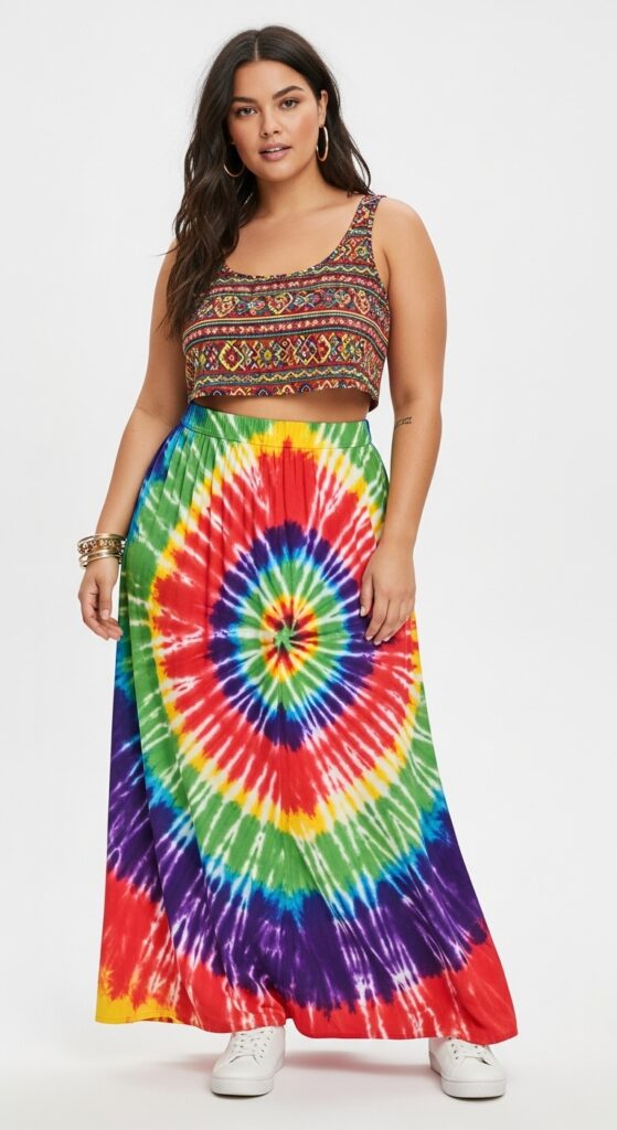 14 Plus Size Boho Summer Outfits Curvy Women Will Love 14 Vibrant Tie-Dye Maxi Skirt with Crop Top