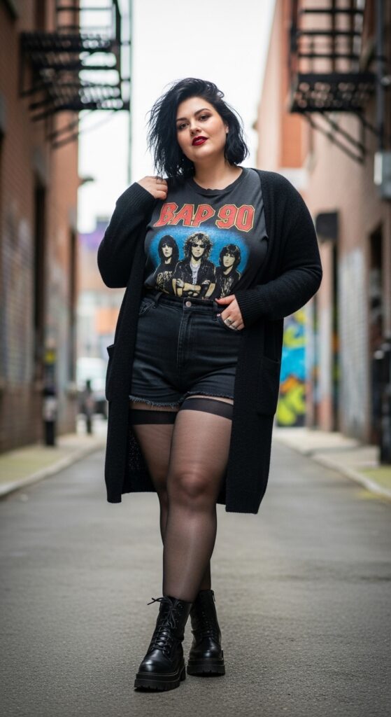 14 Plus Size Grunge Fall Outfits Curvy Women Will Love 10 Vintage Tee & Cardigan