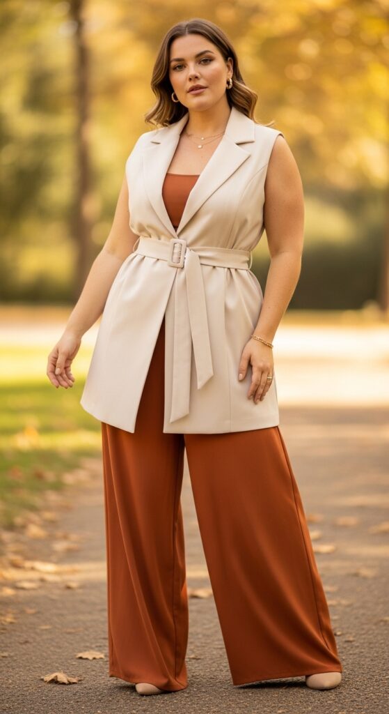 14 Plus Size Fall Vest Outfits Curvy Women Will Love 9 Waist-Cinching Vest & Wide-Leg Pants