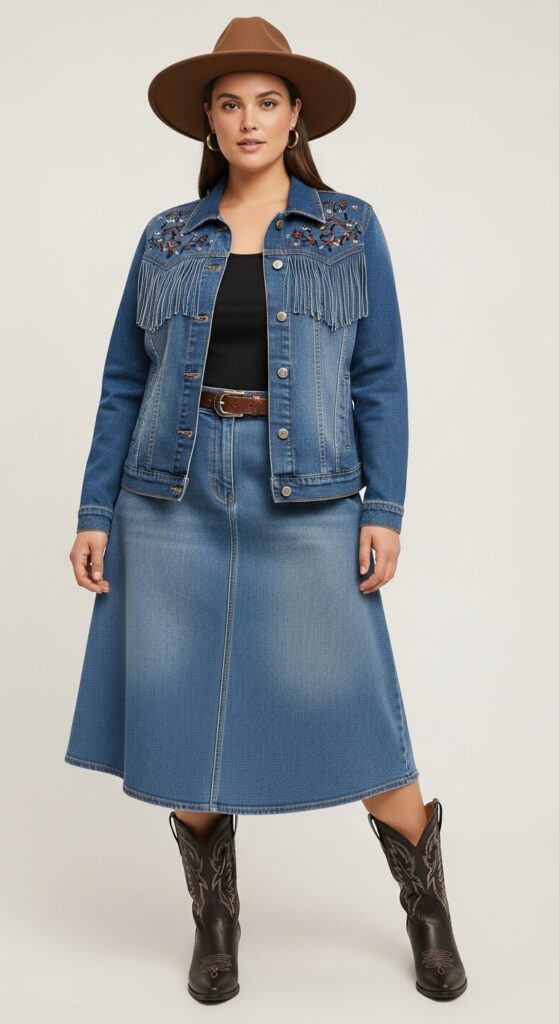 14 Plus Size Fall Western Outfits That Curvy Women Love 16 Western-Inspired Denim Jacket and High-Waisted Skirt