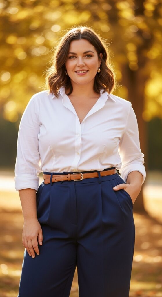 14 Plus Size Simple Fall Outfits Curvy Women Will Love 3 White Button-Down & Trousers