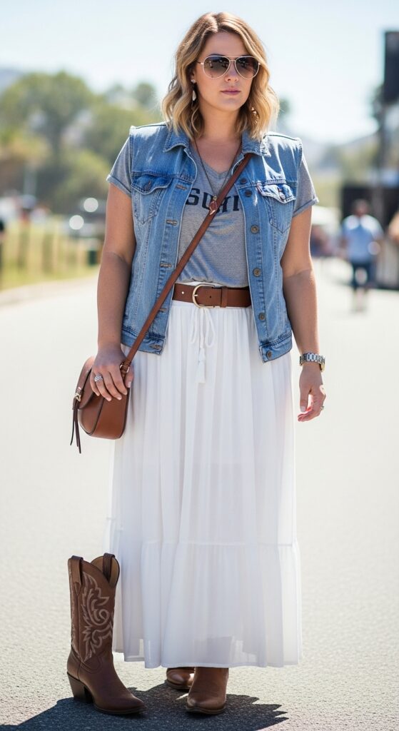 10 Stunning Plus Size Summer Long Skirt Outfits for Curvy Women 11 White Maxi Skirt with Denim Vest
