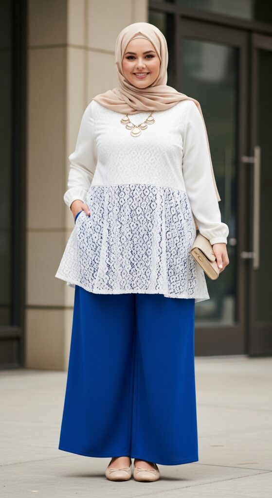 Wide-Leg Pants in Cobalt Blue and White Tunic
