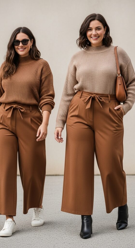 15 Chic and Casual Plus Size Fall Outfits Every Curvy Woman Will Love 6 Wide-Leg Trousers and Cozy Knit