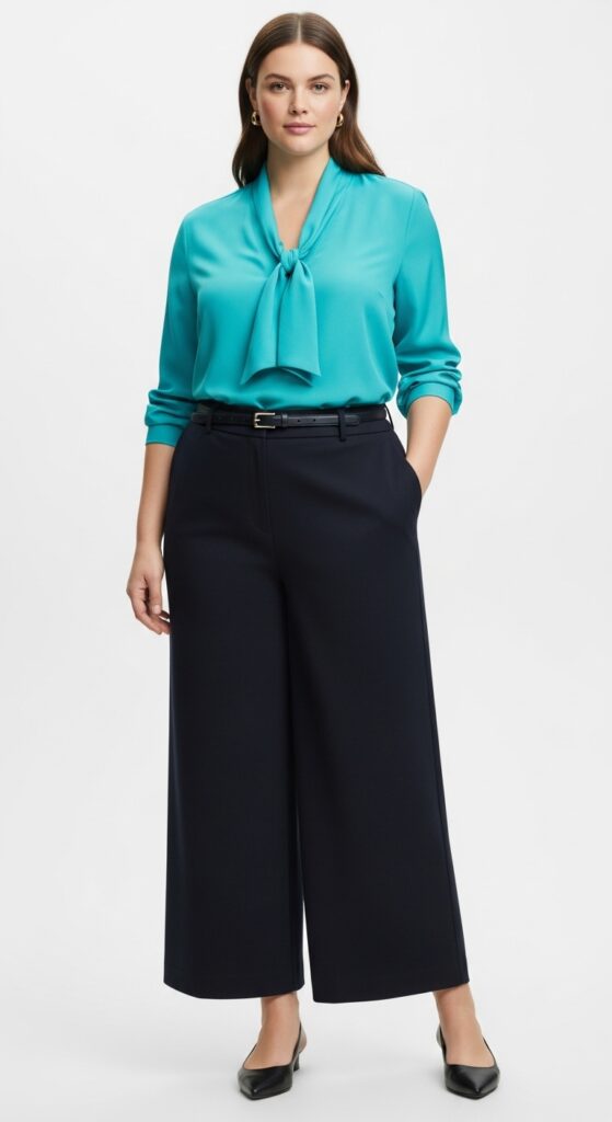 10 Chic Plus-Size Summer Work Outfits for Curvy Women 5 Wide-Leg Trousers and Silk Blouse
