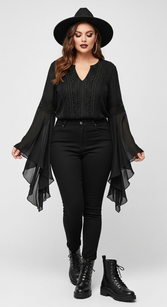 14 Plus Size Witchy Fall Outfits That Curvy Women Love 12 Witchy Blouse and Black Jeans