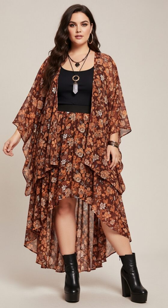 14 Plus Size Witchy Fall Outfits That Curvy Women Love 16 Witchy Kimono and High-Waisted Skirt