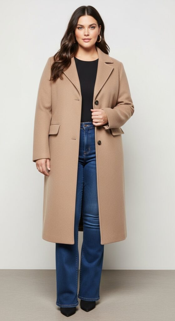 14 Chic and Cozy Plus Size Fall and Winter Outfits Every Curvy Woman Will Love 12 Wool Coat and Bootcut Jeans