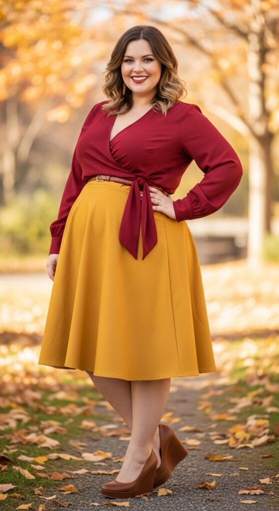 10 Stunning Plus Size Fall Outfits for Curvy Women with Big Stomach 9 Wrap Blouse and A-Line Skirt
