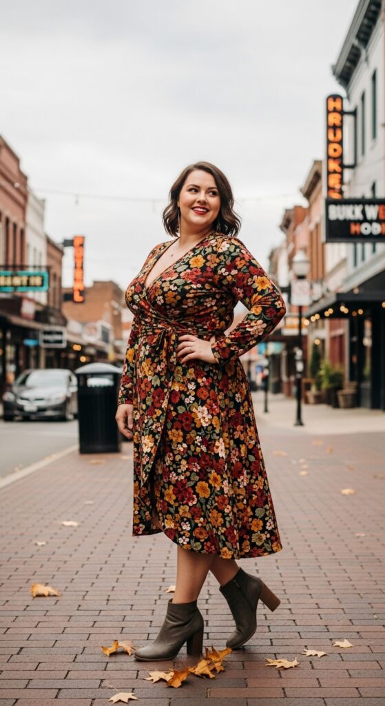 14 Plus Size Fall Nashville Outfits for an Unforgettable Trip 14 Wrap Dress & Ankle Boots
