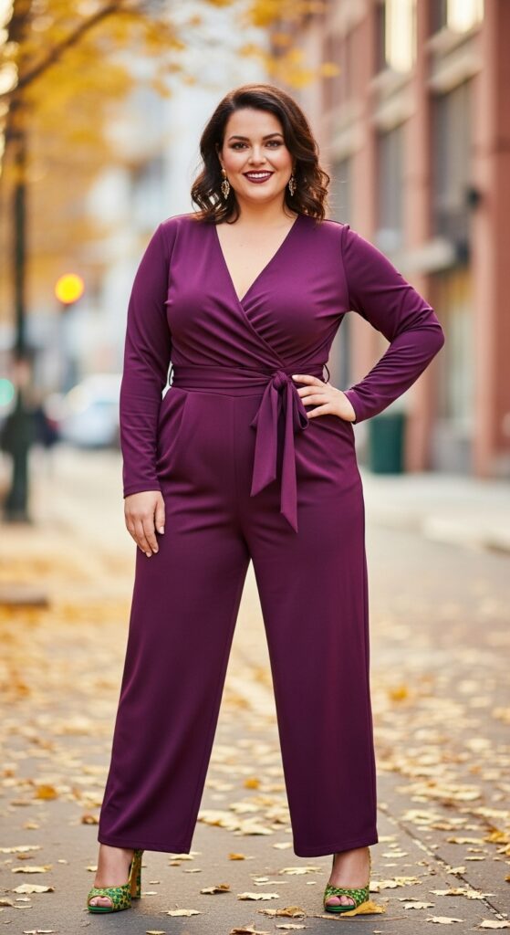 14 Plus Size Fall Outfits That Celebrate Your Curves in Every Autumn Adventure 9 Wrap Jumpsuit + Statement Heels