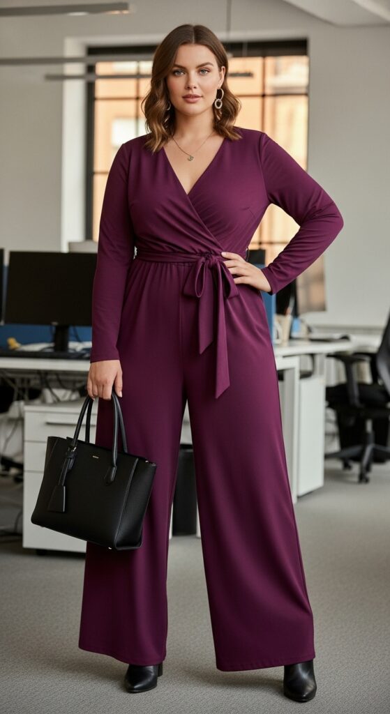 12 Plus Size Fall Office Outfits That Blend Confidence & Professionalism 14 Wrap Jumpsuit + Structured Tote