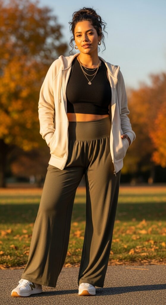 14 Plus Size Fall Athleisure Outfits Curvy Women Will Love 12 Zip-Up Hoodie & Wide-Leg Yoga Pants