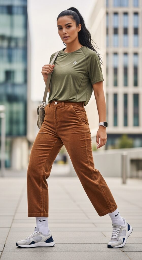 Athleisure Tee and Corduroy Pants with Trainers