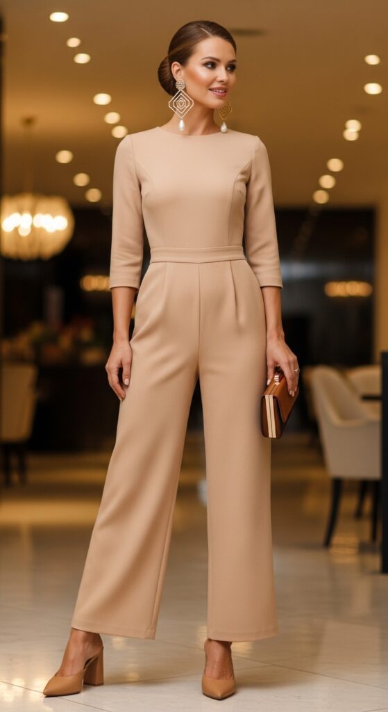Beige Jumpsuit with Statement Earrings