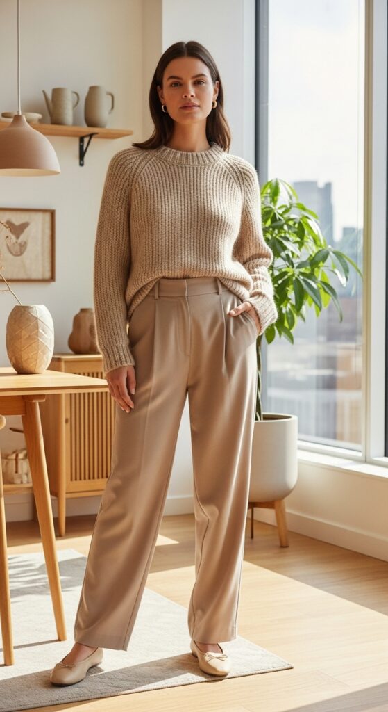 Beige Sweater and Wide-Leg Trousers