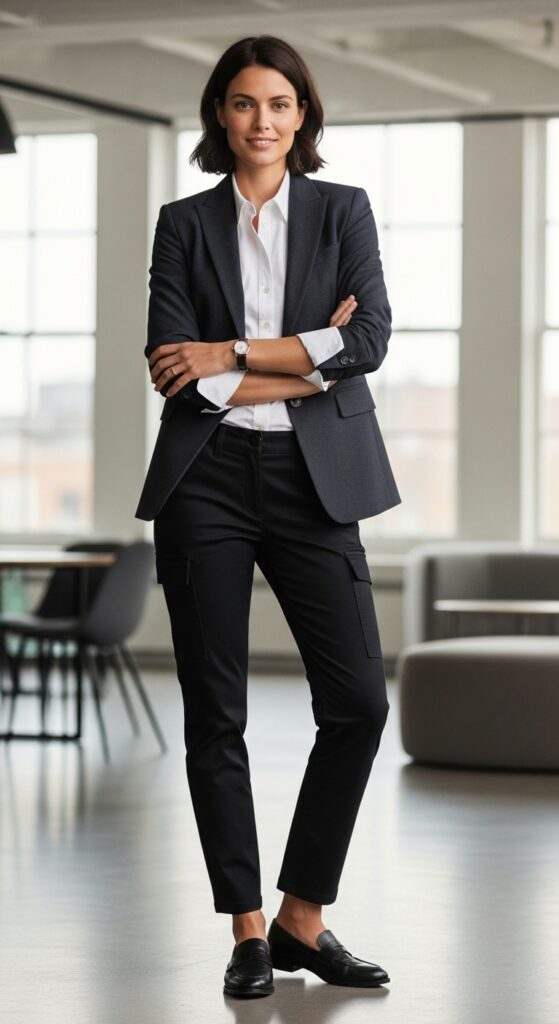 14 Chic Black Cargo Pants Outfits for Effortless Style 8 Blazer and Button-Down Shirt