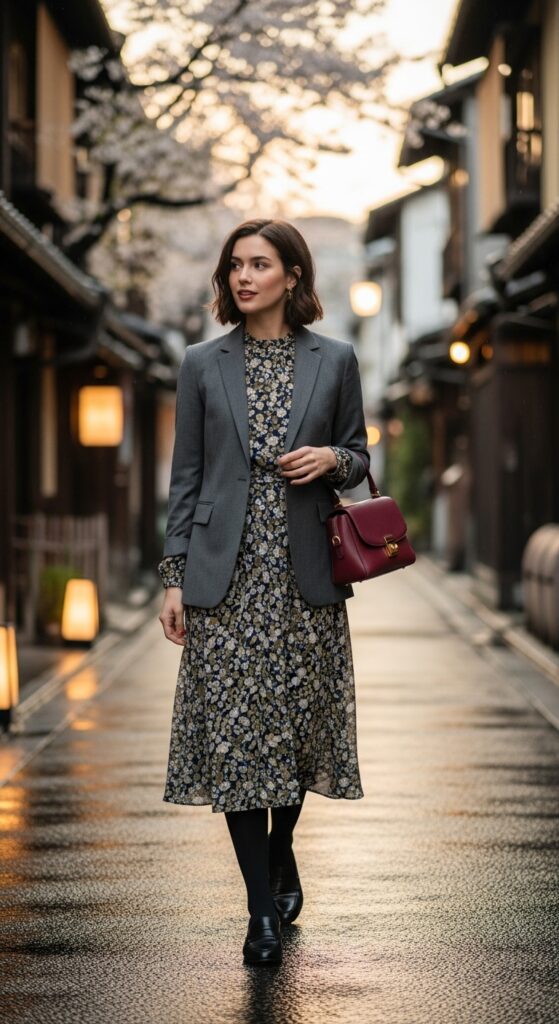 What to Wear in Japan: 12 Stylish Outfit Ideas for Your Trip 18 Blazer over Dress with Tights and Loafers