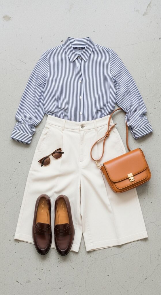 Button-Up Shirt and Culottes with Loafers