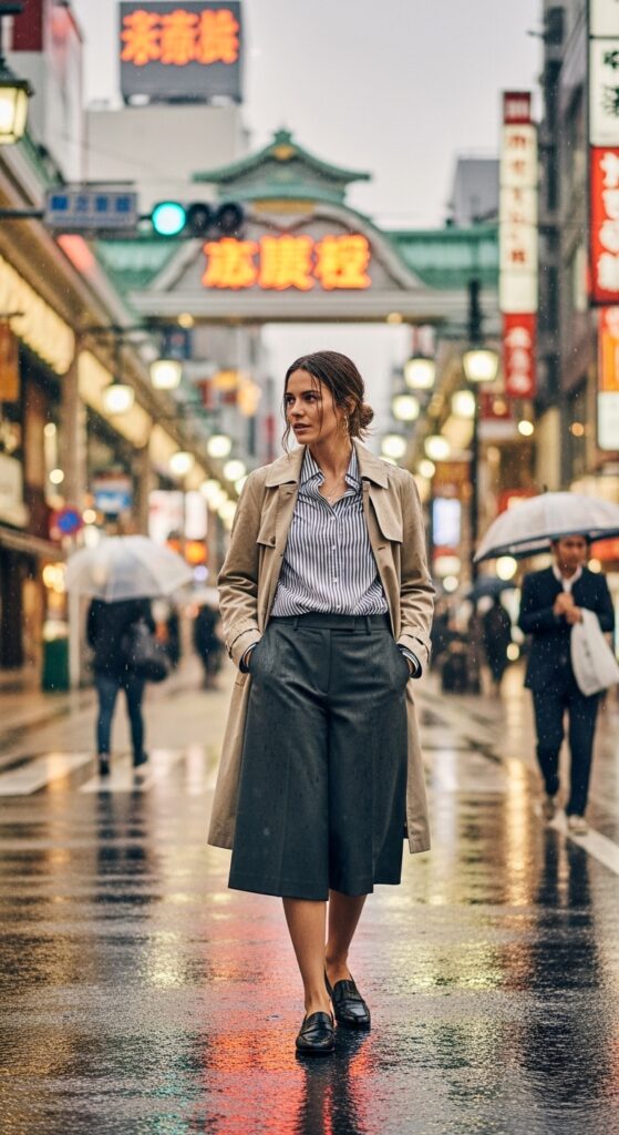 What to Wear in Japan: 12 Stylish Outfit Ideas for Your Trip 6 Button-Up Shirt and Culottes with Loafers