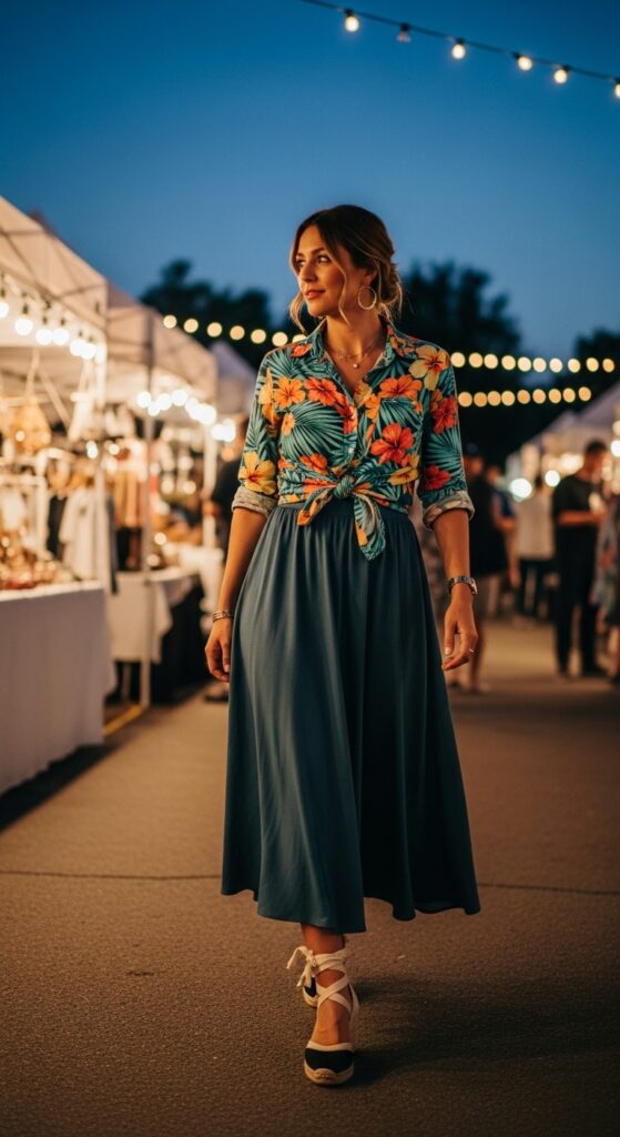 10 Stylish Hawaii Outfit Ideas for Your Island Escape 13 Button-Up Shirt and Skirt