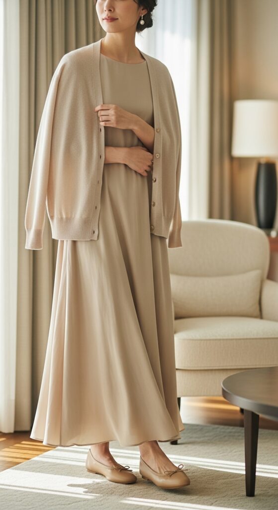 14 Elegant Beige Dress Outfits for Timeless Style 6 Cardigan Layering