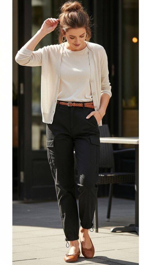 14 Chic Black Cargo Pants Outfits for Effortless Style 10 Cardigan and Belt Accent