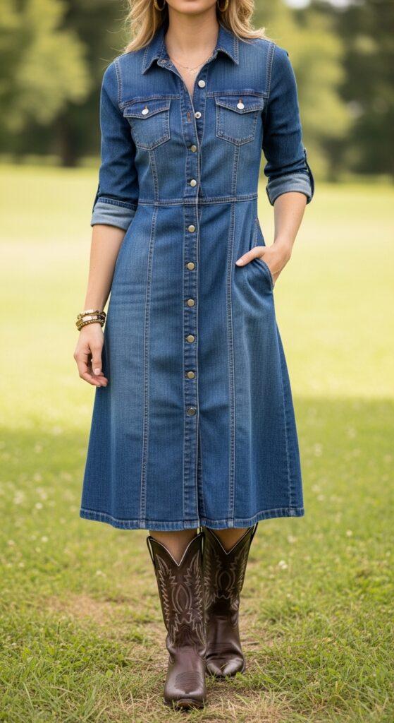 Classic Denim Dress with Cowboy Boots