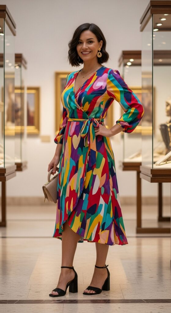 Colorful Wrap Dress & Block Heels