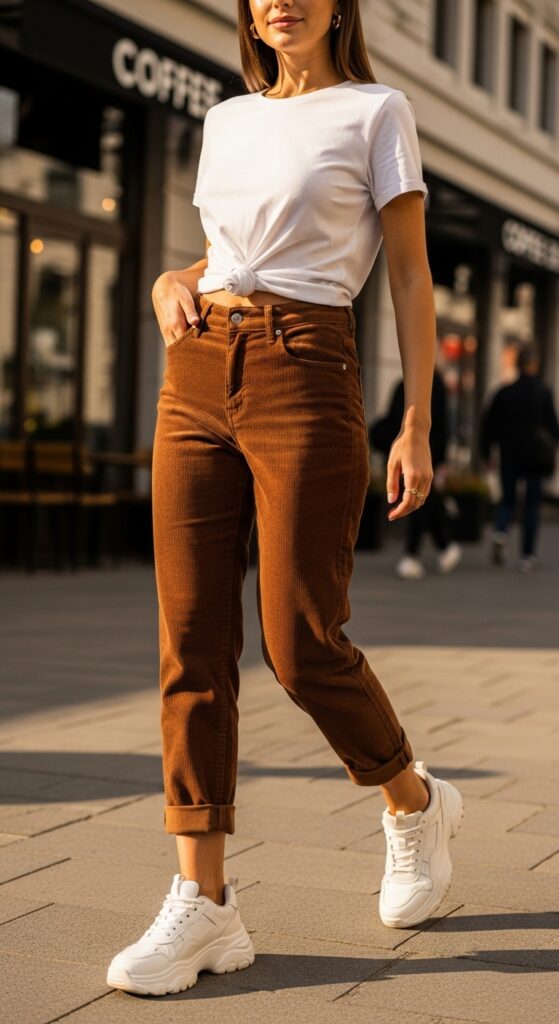 Corduroy Pants with White Tee and Sneakers