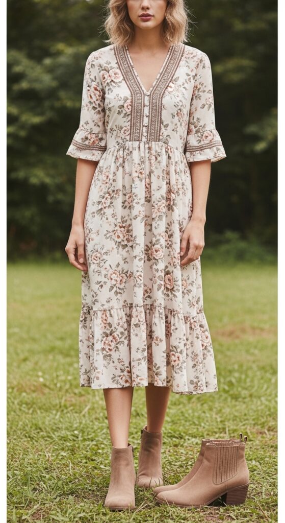 Cottagecore-Inspired Floral Dress with Ankle Boots